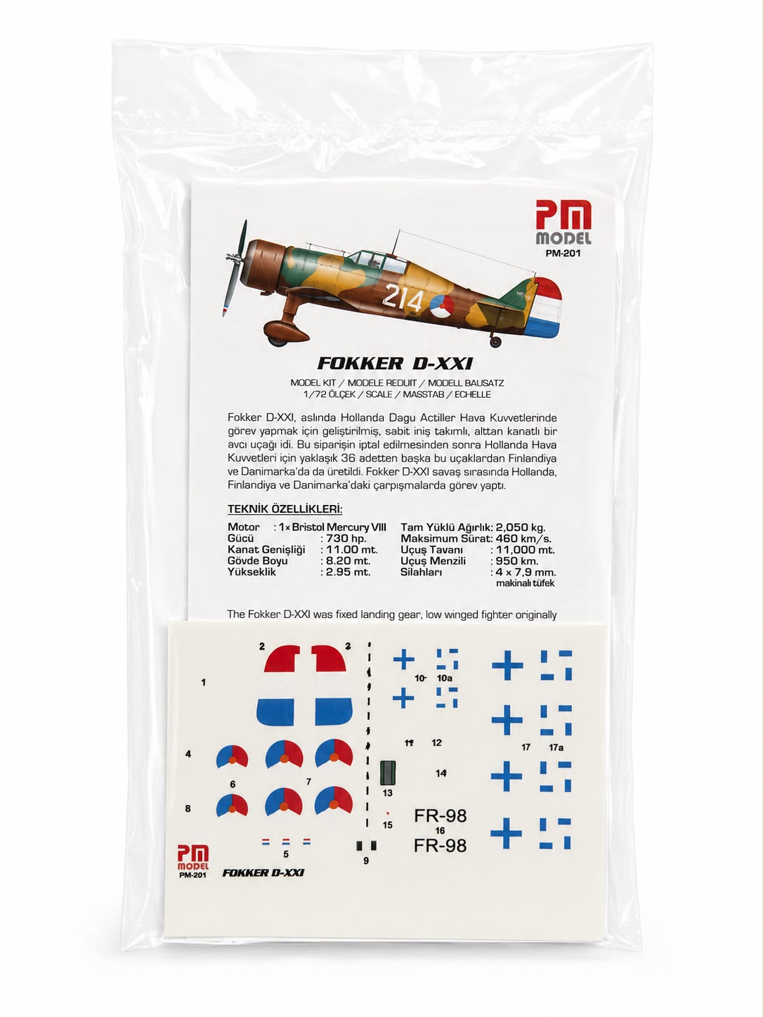 Fokker D-XXI PM Model Demonte Plastik Uçak Maket Kiti
