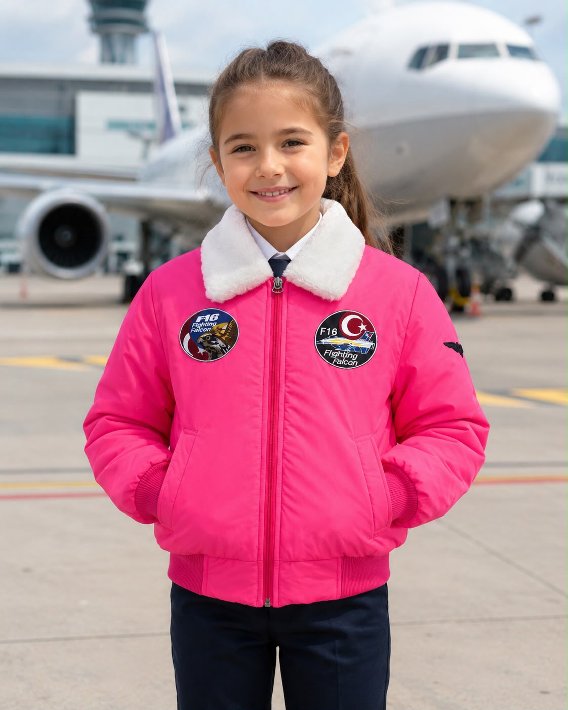 Kız Çocuk Pilot MONTU Pembe Renkli Kürklü Mont