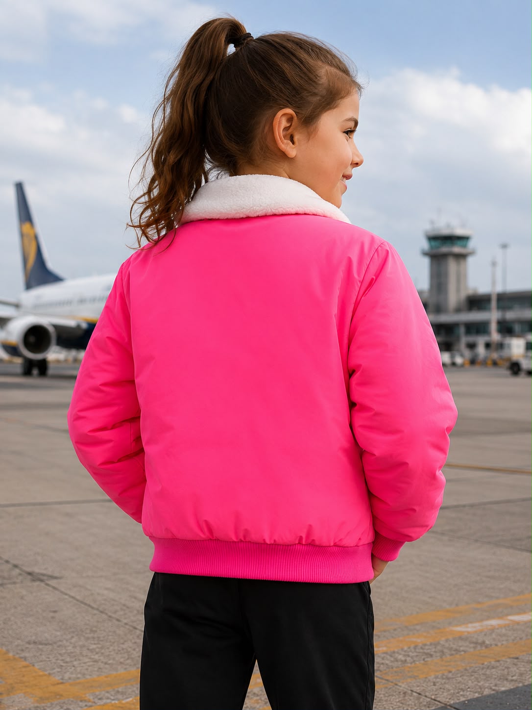 Kız Çocuk Pilot MONTU Pembe Renkli Kürklü Mont