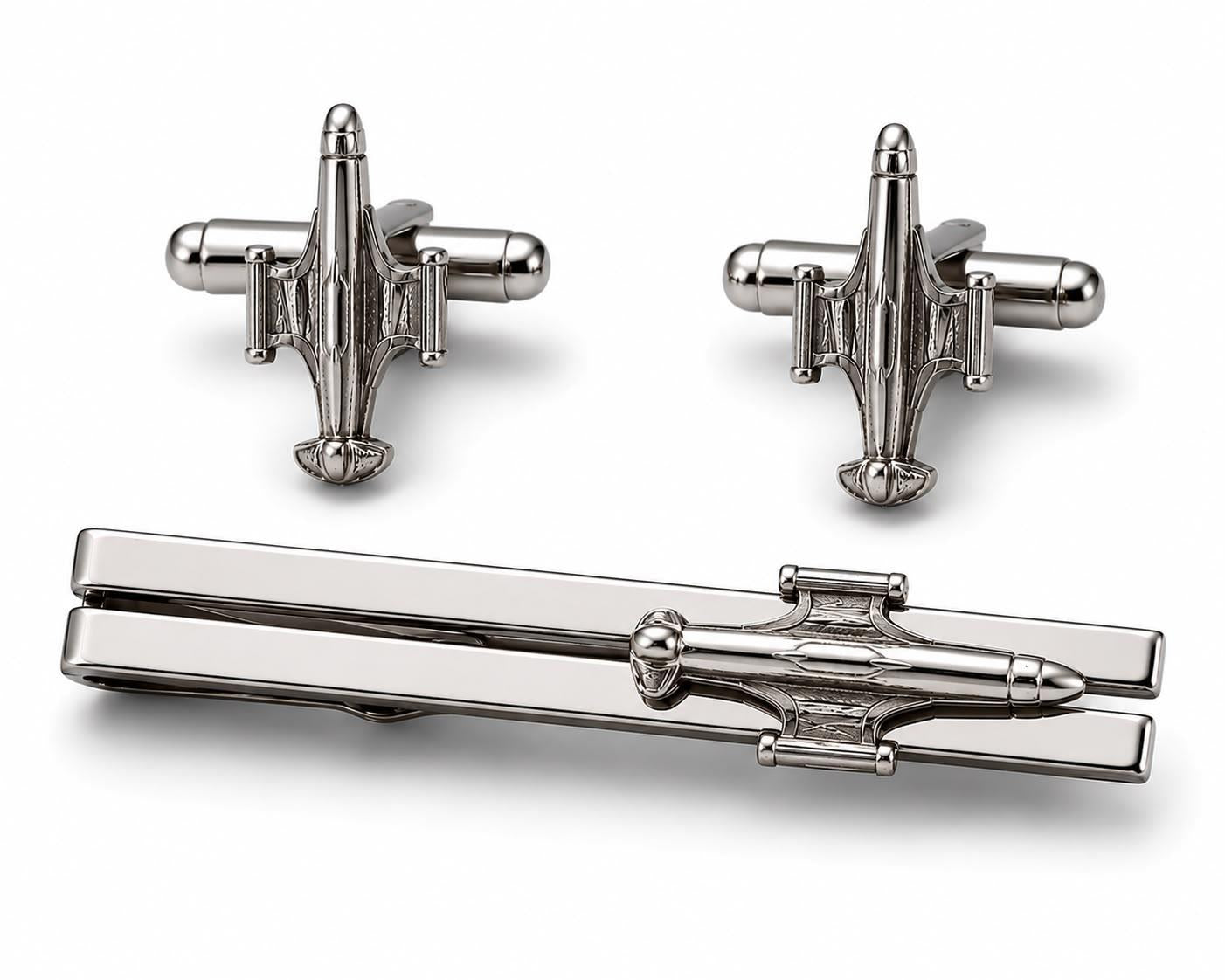 Kravat İğnesi + Kol Düğmesi Seti "F-104" Silver