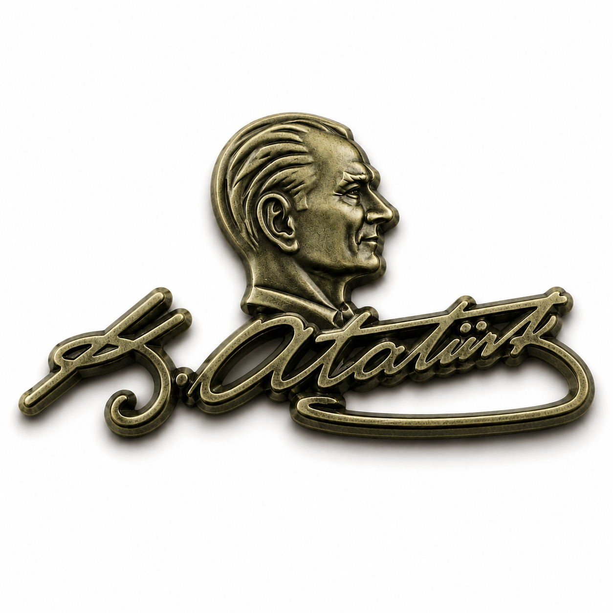 Atatürk imza büst rozet, metal pin ve rozete sahip, detaylı ve şık tasarım, takı ve aksesuar olarak kullanılabilir.