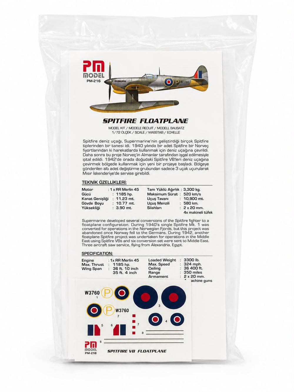 Supermarine Spitfire Vb FloatPlane PM Model Demonte Plastik Uçak Maket Kiti